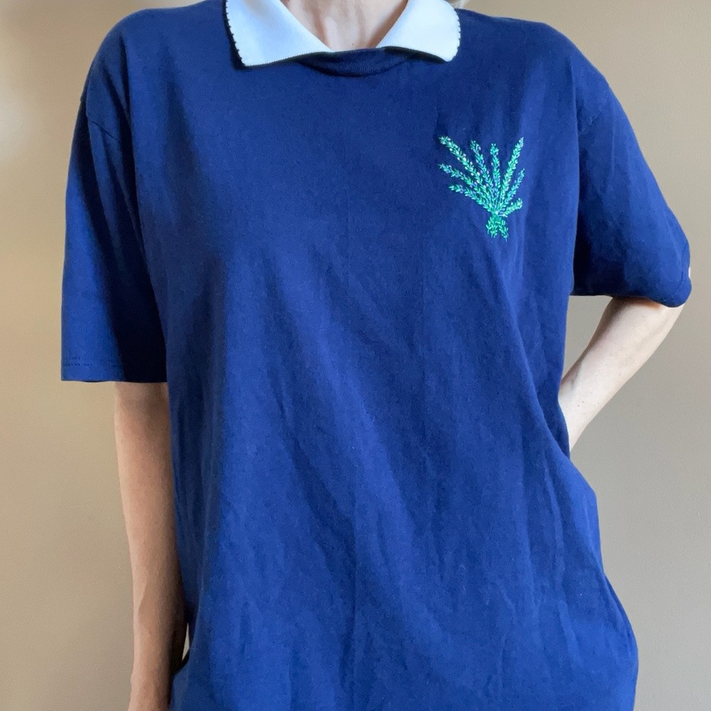 Jerzees Navy Blue Tee with White Collar Trim and Embroidery